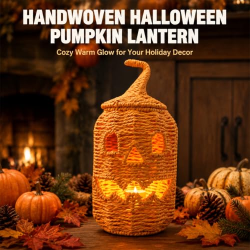 Halloween Pumpkin Jack-O-Lantern Handwoven Rattan Candy Bowl - Orange B