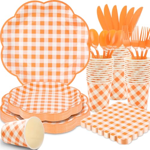 Orange Gingham Party Plates and Napkins Set - Serves 25 - Variation of THIS listing