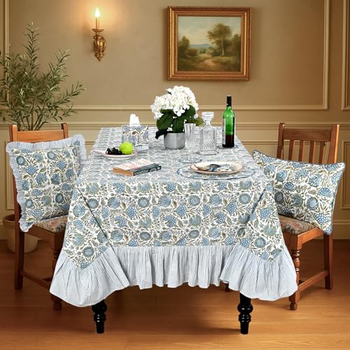 Asparagus Green Block Print Ruffle Rectangular Tablecloth 60x120 Inch - Handmade Cotton