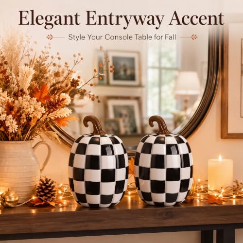Large Black and White Resin Pumpkin Halloween Decor - 8.6 Inch Set