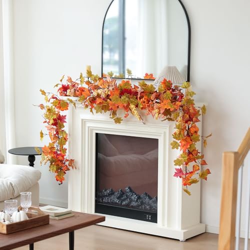 Fall Decor Artificial Maple Leaf Pumpkin Garland - Yellow Pk 6FT Autumn Thanksgiving Halloween