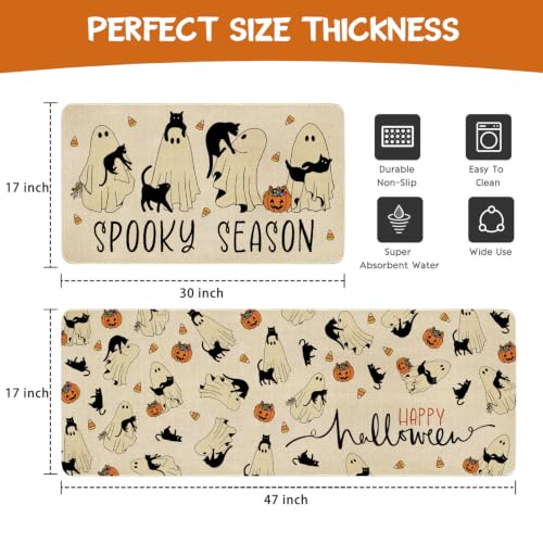 Ghost Black Cat Halloween Kitchen Rugs Set of 2 - Spooky Non-Slip Washable Mat