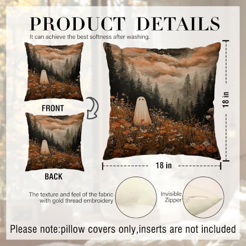 Halloween Ghost Mountains Throw Pillow Cover 18x18 in - Fall Flowers Variation