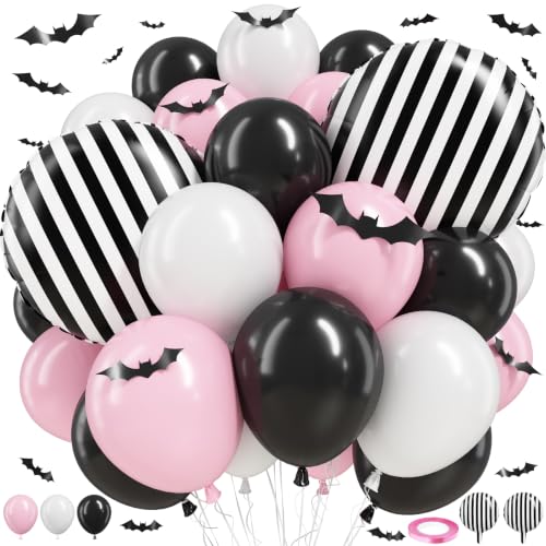 Pink Black White Stripe Halloween Balloons Set with 3D Bat Stickers - 35 pcs