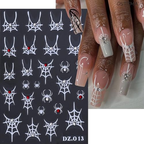 Halloween Nail Stickers with Rhinestones & Spider Web Design - Spiders Variation, 5 Sheets