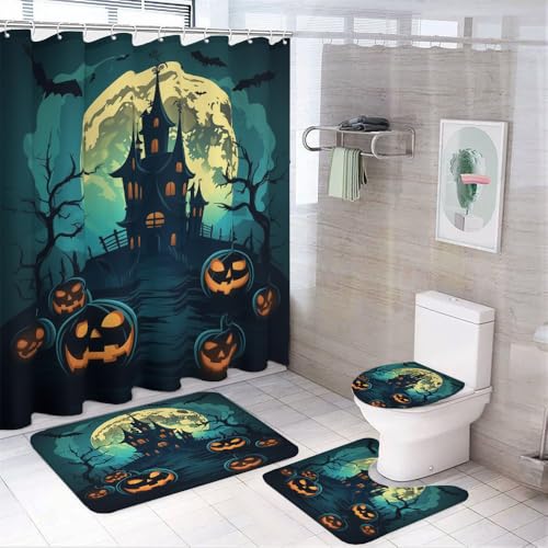 Halloween Shower Curtain Set 72x72 Inches with Rug & Hooks - Blue