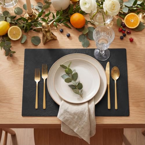 Black Faux Leather Placemats Set of 4 - 12 x 18 Inches Rectangular, Reversible & Waterproof