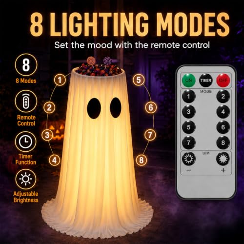 Large White Ghost Candy Bowl Halloween Decoration with Lighted Remote Control for Porch Yard