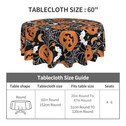 Halloween Tablecloth 60 Inch Round Black Pumpkins Web Design Stain-Resistant Polyester