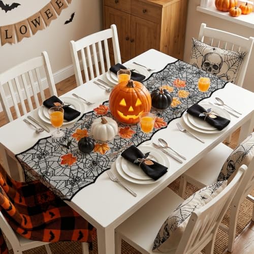 Halloween Lace Table Runner 14x48 Inch Spider Web Decor for Party & Home - Black
