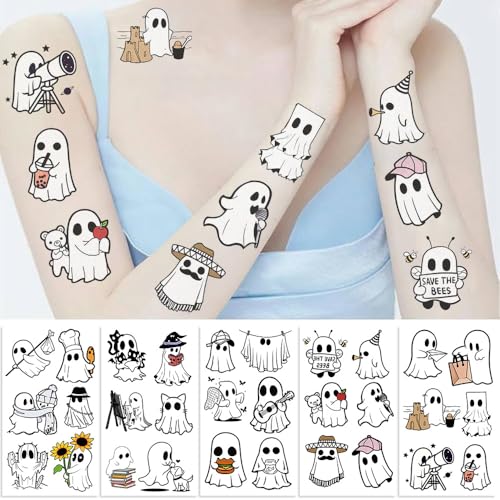 Cute Ghost Temporary Tattoos 10 Sheets Halloween Ghost Sticker Set Waterproof & Non-Toxic