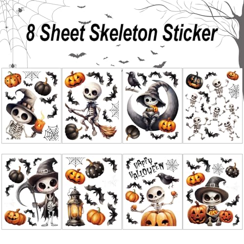 Halloween Skeleton Window Clings Set - Spooky Decor for Glass & Mirrors, 8 Sheets