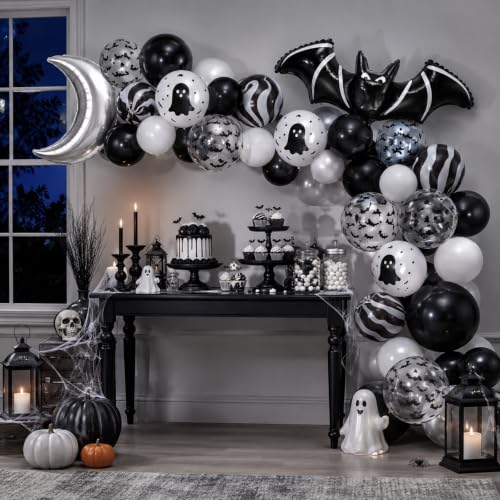 Black Silver Halloween Balloons Set with Ghost, Bat & Moon Foil - Party Decorations