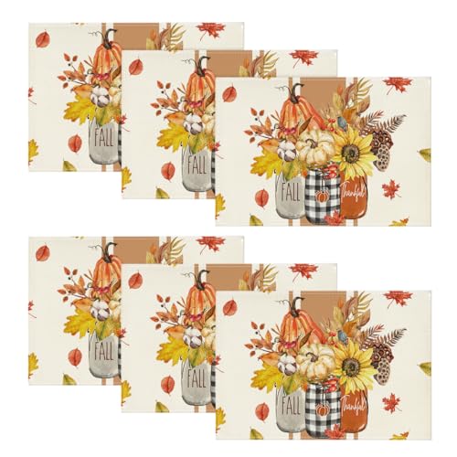 Artoid Mode Fall Thankful Placemats Set of 6 - 12 x 18 Inch Rectangular Beige & Orange