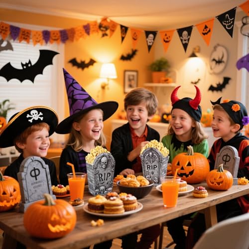Halloween Tombstone Popcorn Boxes - 24 Black Cardboard Party Favor Containers