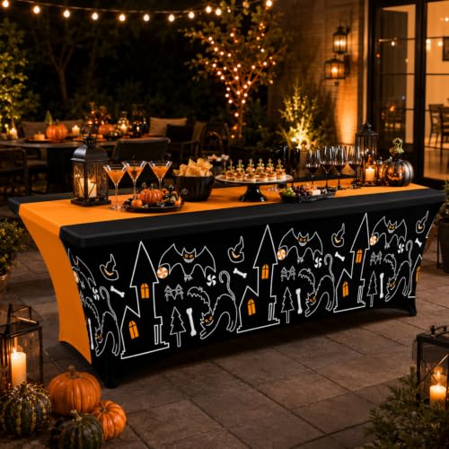 Halloween Gothic Castle Tablecloth 2 Pack - Black & Orange, 6 ft, Classic Halloween, Variation of THIS listing