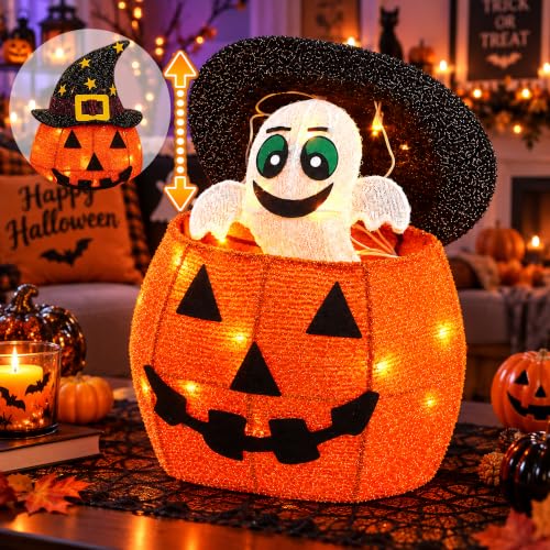 Outdoor Lighted Pop-Up Ghost Gift Box - Halloween Decor with Moving Ghost (Orange)
