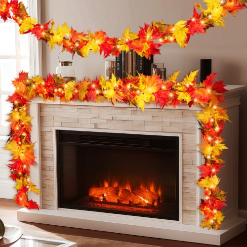 2Pack Fall Garland with Lights 9Ft Lush Leaves Connectable Outdoor Indoor Decor