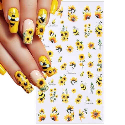 6 Sheets Sunflower & Floral Nail Stickers Self-Adhesive 3D Nail Art Decals