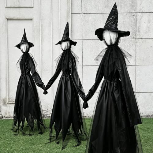 Halloween Witch Yard Decorations with Multicolor Light-Up Heads - Set of 3