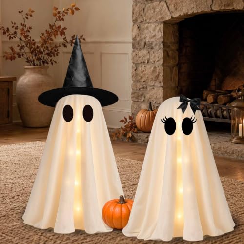 24 Inch Halloween Ghost Decorations - Light Up Ghosts with Witch Hats - DIY Spooky Yard Decor - 2 Pack