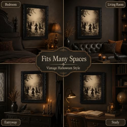 Halloween Witches Gathering Canvas Wall Art - Framed Gothic Forest Scene, 16x12 Inches - Witch B Variation