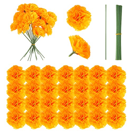 50PCS Artificial Marigold Flower Heads with Stems - Orange for Diwali Wedding Party Decor