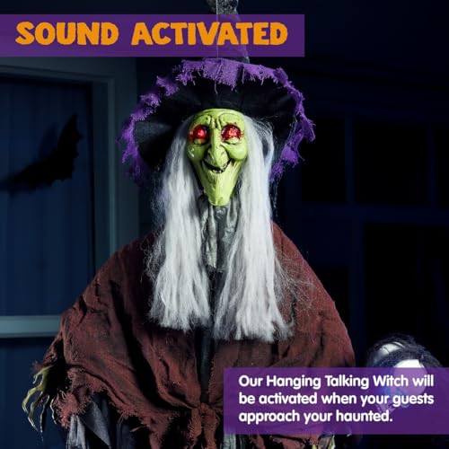 Halloween Hanging Witch Decor with Light-Up Skull Wand Outdoor Spooky Decoration