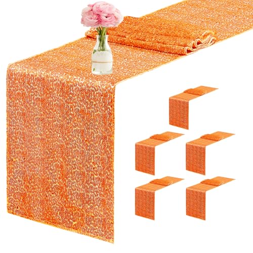 Orange Sequin Table Runner Set - 6 Pieces 12x72 Inches for Party & Wedding Decor
