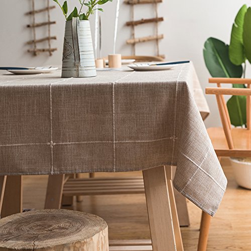 Cotton Linen Tablecloth 52x120 Inch Checkered Embroidered Lattice Dust-Proof for Kitchen Dining - Linen, Rectangle/Oblong