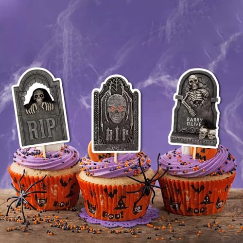 Halloween Cupcake Toppers & Mini Shovel Spoons Set - 48 Pcs, Skeleton Tombstones - Variation 1