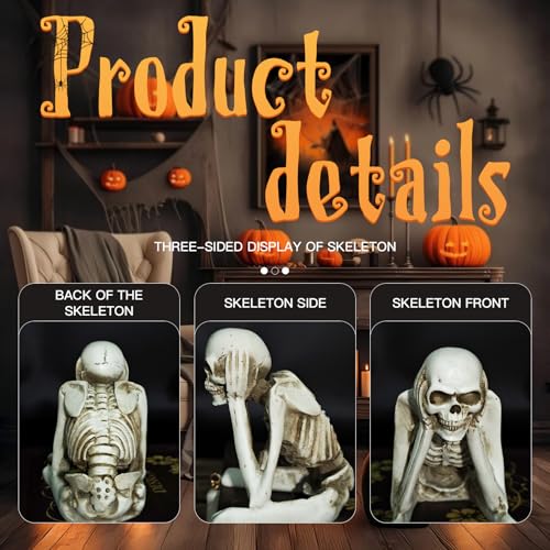 Halloween Skeleton Statues Set of 3 - Resin Gothic Skeleton Decor - See No Evil Hear No Evil Speak No Evil