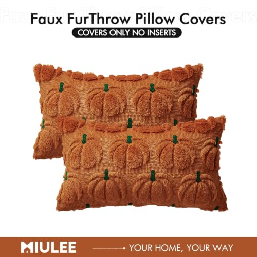 Fall Pumpkin Pillow Covers 12x20 Inch Set of 2 Dark Rust Green Stem Autumn Decor