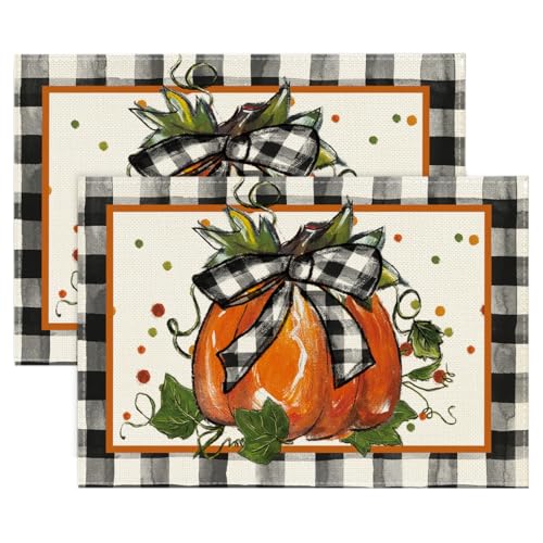 Pumpkin Buffalo Plaid Fall Placemats Set of 2 - 12 x 18 Inch Rectangular Black & Orange