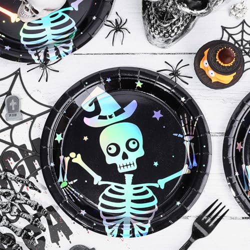 Skeleton Halloween Party Plates - Iridescent Silver 9 Inch Disposable Dinnerware Set with Color-Changing Holographic Effect