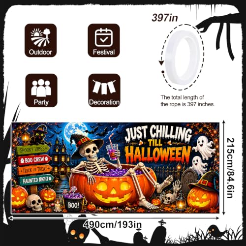 Halloween Garage Door Banner 7x16ft - Just Chilling Till Halloween Outdoor Decor - Ghost & Skeleton Pumpkin Double Garage Cover - Variation 255