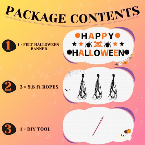 Halloween Felt Banner Garland - Happy Halloween Indoor Decor with Skull & Spider Pattern - Black & Orange