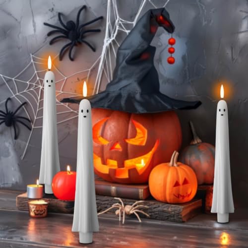 4Pack Flameless Ghost Taper Candles with Remote Control - Flickering Battery Operated Halloween Decor