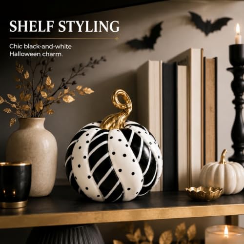 Black and White Pumpkin Decor Figurine Halloween Home Accent - Black White Variation