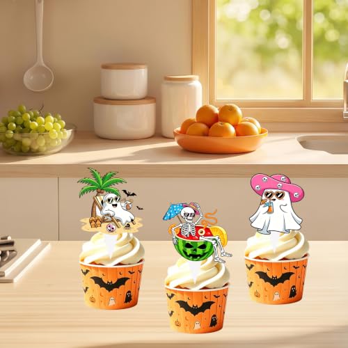 48PCS Summer Halloween Cake Toppers Spooky Fruit and Ghost Decor for Parties