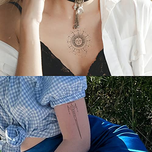 Moon Sun Stars Space Planets Chain Temporary Tattoos for Women - Vertical Spine Design