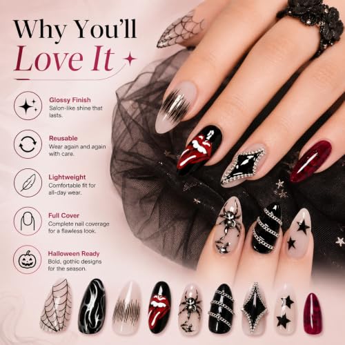 Gothic Halloween Press-On Nails with Spider Flame Chain Design - Black Red Variation