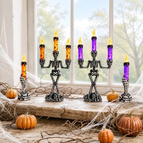Halloween Skeleton Candelabra LED Candle Holders Set - Skull Decor for Parties