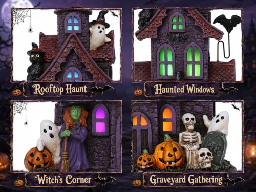 Halloween Village Figurine Set - Haunted House Decor with Purple Lights