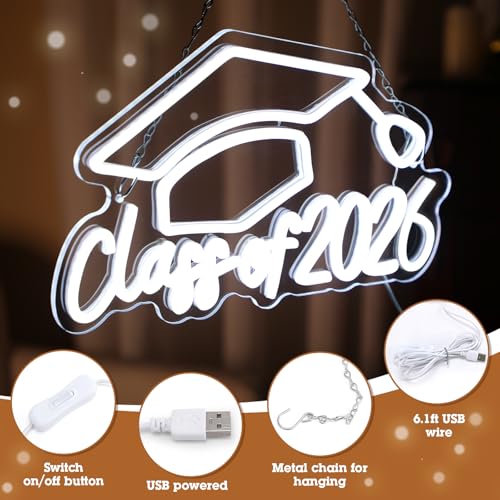 Class of 2026 Neon Sign - Graduation Wall Decor with LED Lights & Cap - USB Powered Acrylic Party Sign