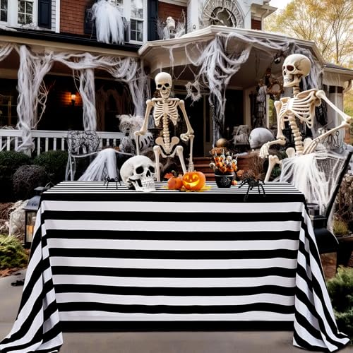 Black and White Striped Waterproof Tablecloth 57x120 Inch for Rectangular & Round Tables - Fanqisi