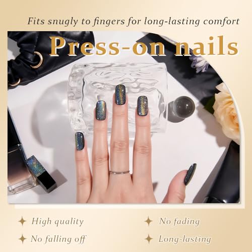 Black Chrome Metallic Cat Eye Press-On Nails Medium Square - 24 Pack, Variation of Medium Square-01 Black Colorful