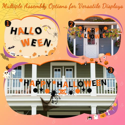 Halloween Felt Banner Garland - Happy Halloween Indoor Decor with Skull & Spider Pattern - Black & Orange
