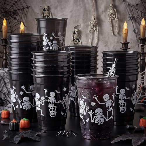 Halloween Skeleton Plastic Cups - 100 Pcs 12 oz Disposable Black Skeleton Variations