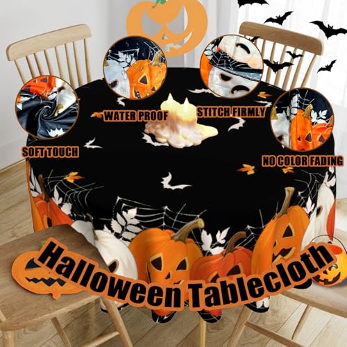 Halloween Round Tablecloth 60x60 Inch Pumpkin Ghost Holiday Decor - Black